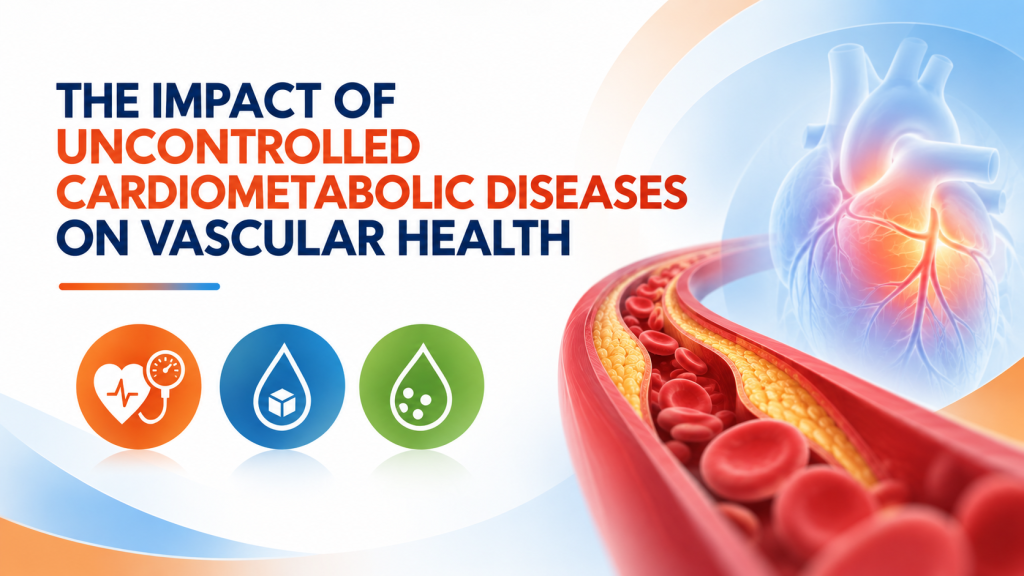 This educational asset highlights the progressive impact of uncontrolled cardiometabolic risk factors, including hypertension, type 2 diabetes, and dyslipidemia, on vascular health. It illustrates how early vascular changes can evolve into atherosclerosis and increased cardiovascular risk, emphasizing the importance of timely risk factor management to prevent long-term cardiovascular complications.